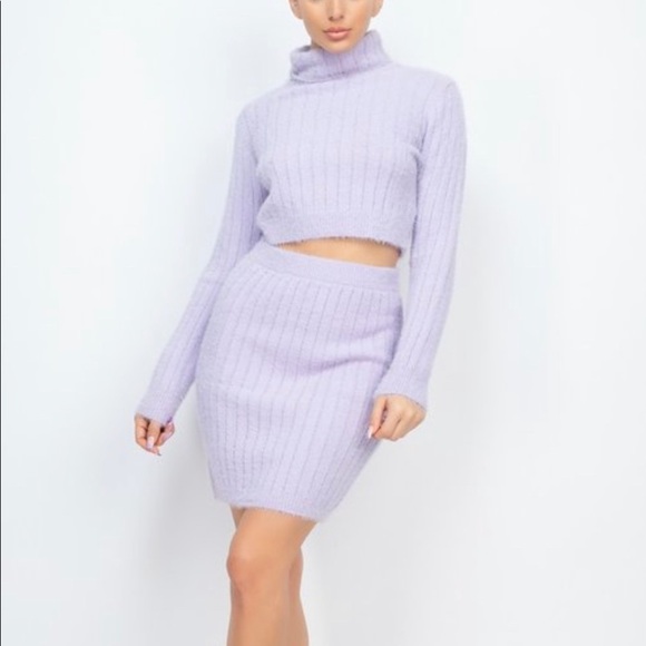 NEW LAVENDER RIBBED FLUFFY SWEATER TWO PIECE LONG SLEEVE CROP TOP MIDI SKIRT SET - Picture 8 of 9
